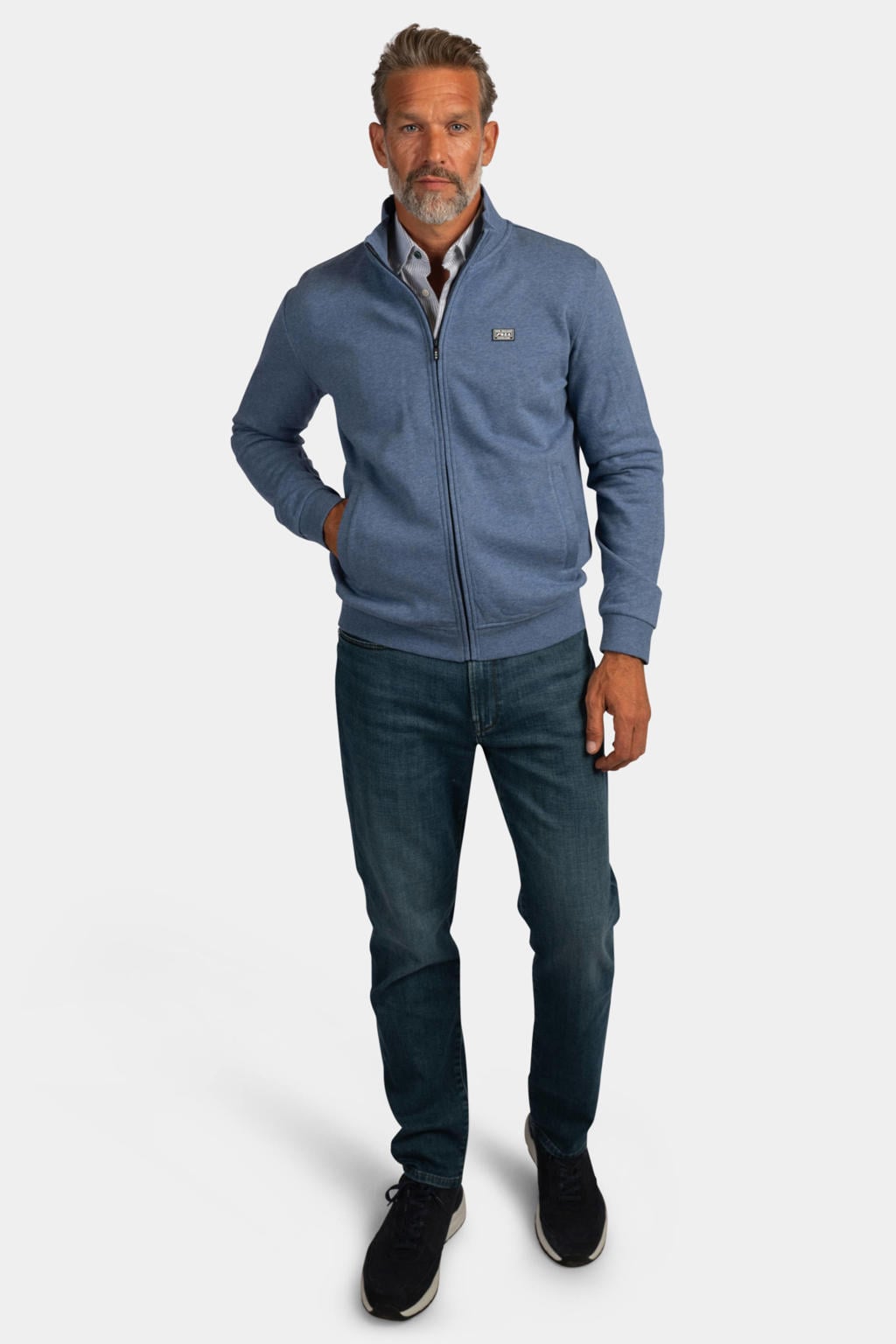 Blauwe heren New Zealand Auckland katoenen sweatvest apri met lange mouwen en opstaande kraag