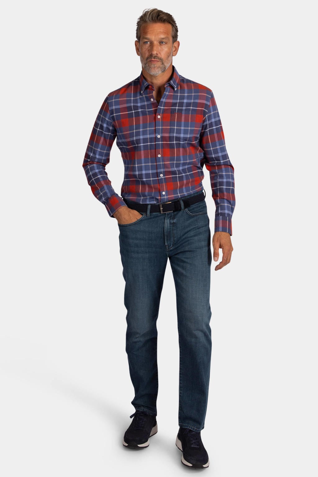 Blauwe heren New Zealand Auckland regular fit geruite overhemd van katoen met lange mouwen en button down sluiting