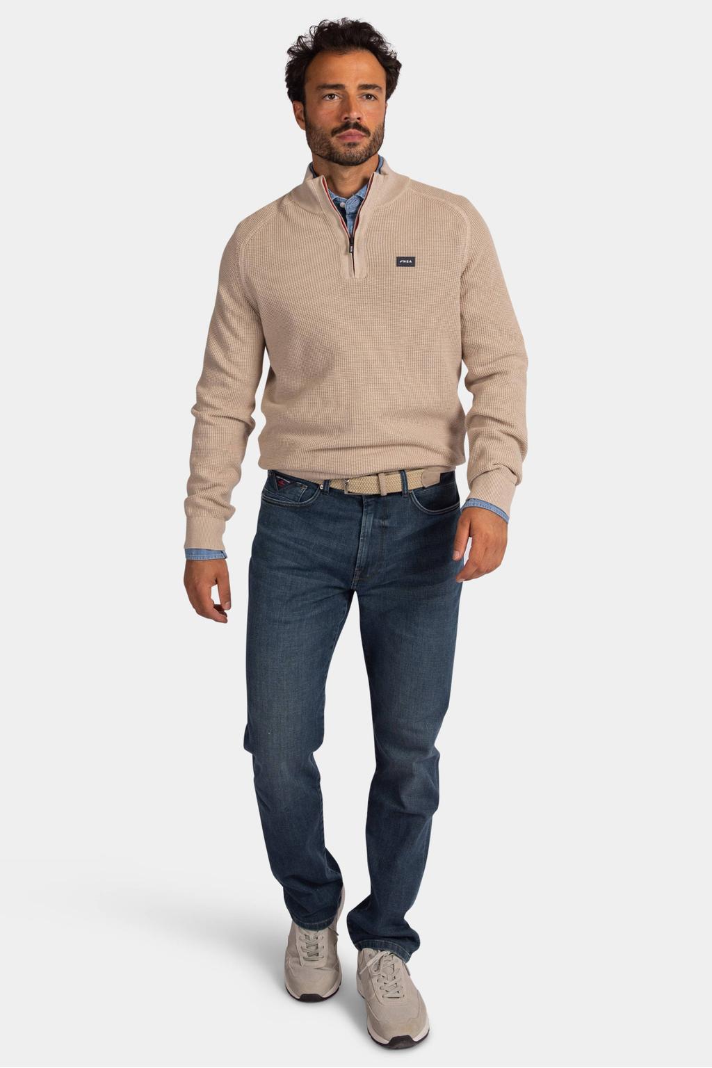 Beige heren New Zealand Auckland katoenen regular fit gebreide trui met lange mouwen en opstaande kraag