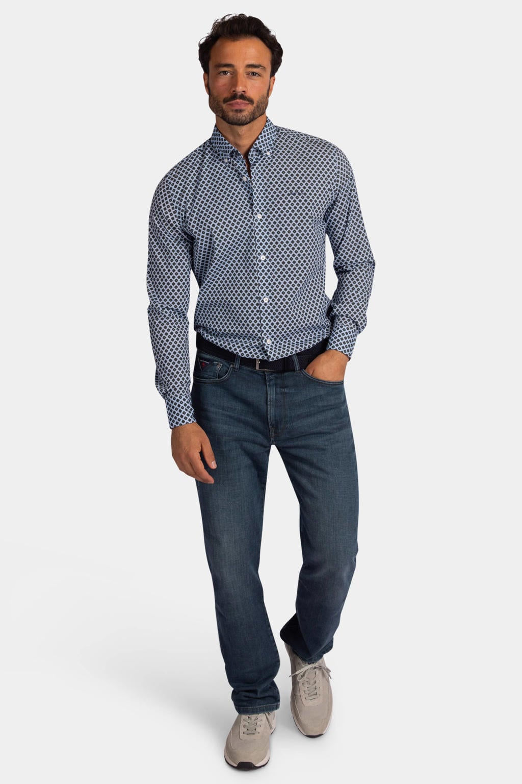 Blauwe heren New Zealand Auckland regular fit overhemd van katoen met lange mouwen en button down sluiting