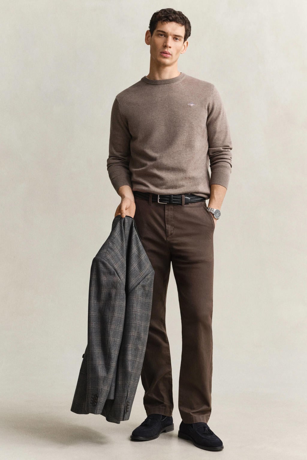 Bruine heren GANT katoenen regular fit trui dark hazelnut met melée print, lange mouwen en ronde hals