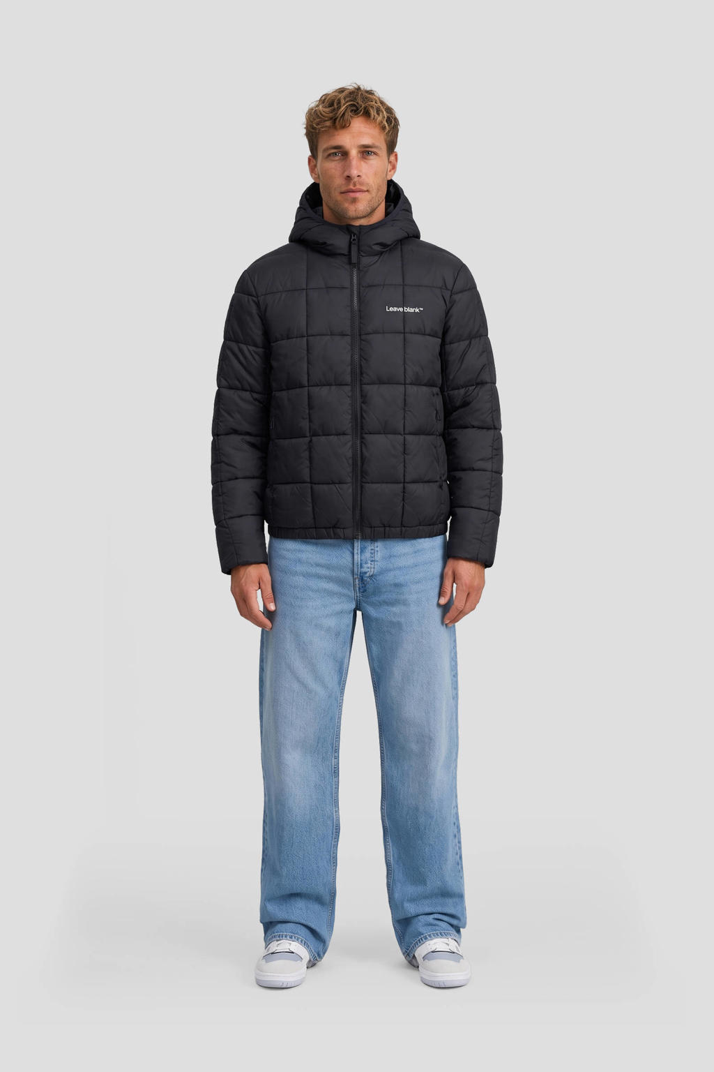 Zwarte heren ONLY & SONS jas van nylon met effen, lange mouwen, capuchon, ritssluiting en quilted