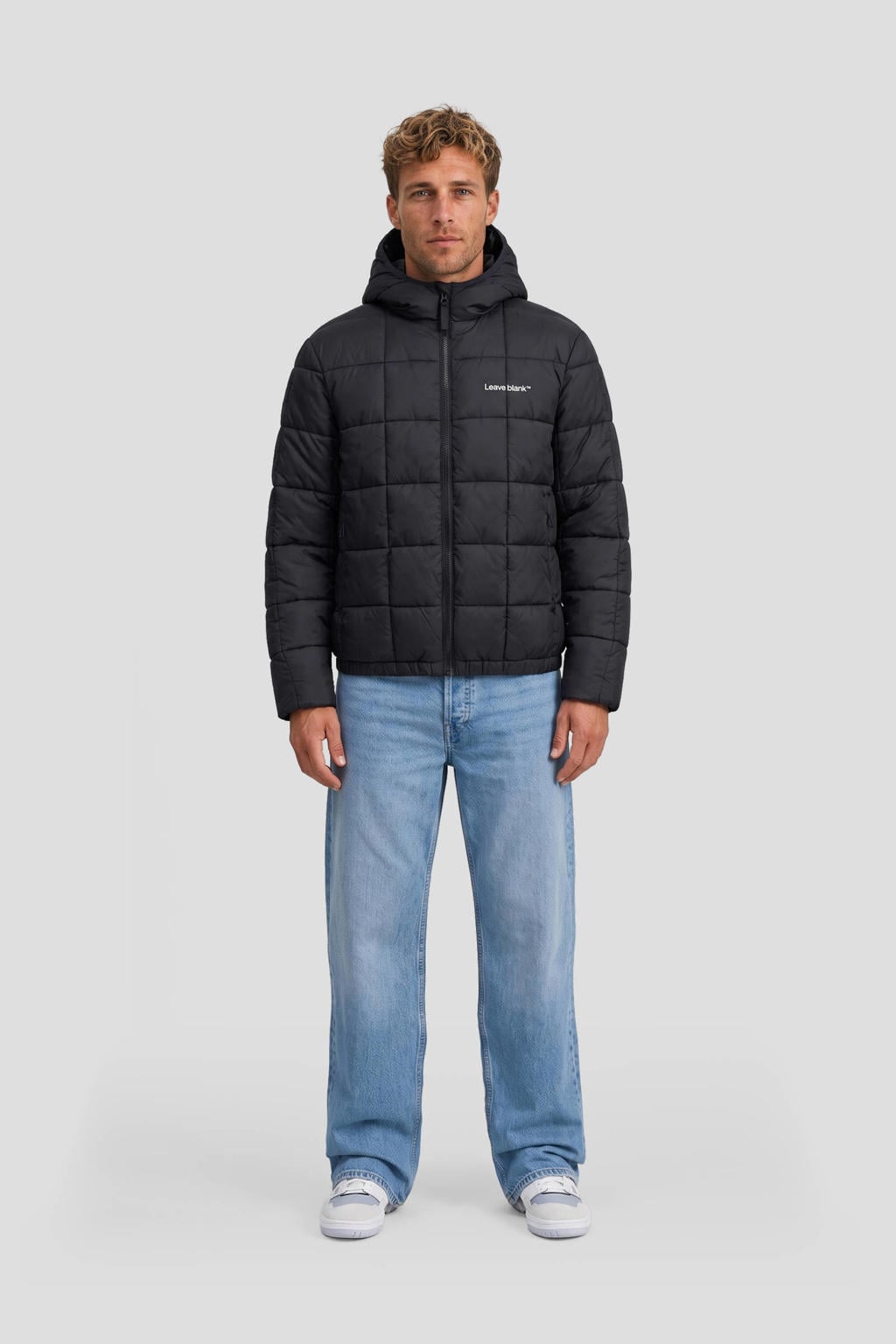 Zwarte heren ONLY & SONS quilted jas van nylon met effen, lange mouwen, capuchon en ritssluiting