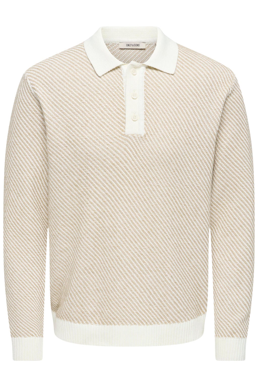 Beige heren ONLY & SONS regular fit gebreide gestreepte trui van katoen met lange mouwen en polo kraag