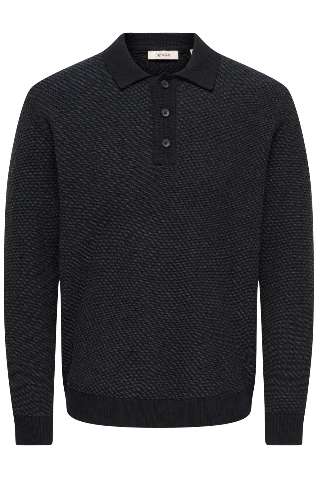 Zwarte heren ONLY & SONS regular fit gestreepte gebreide trui van katoen met lange mouwen en polo kraag