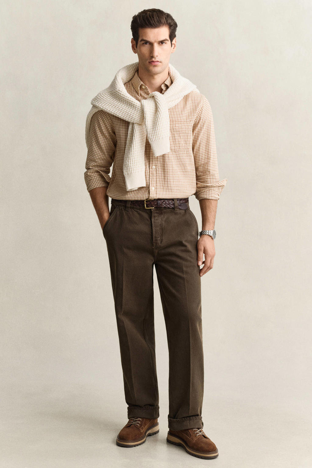 GANT flanel regular fit geruit overhemd - caramelbruin