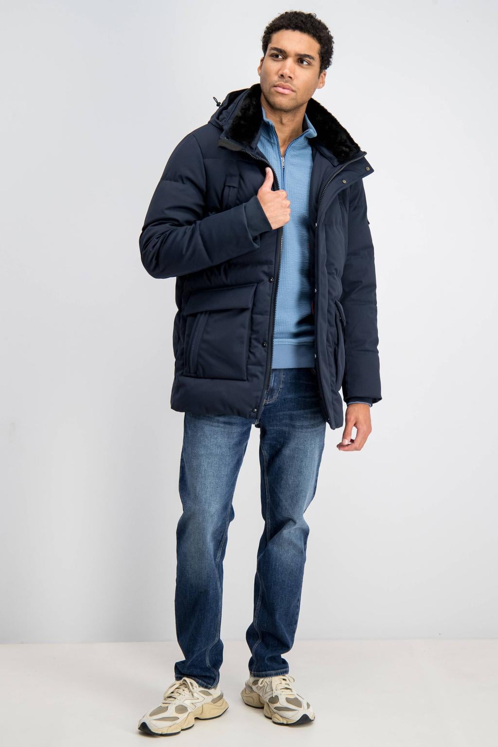 GABBIANO winterjas met imitatiebontkraag - donkerblauw