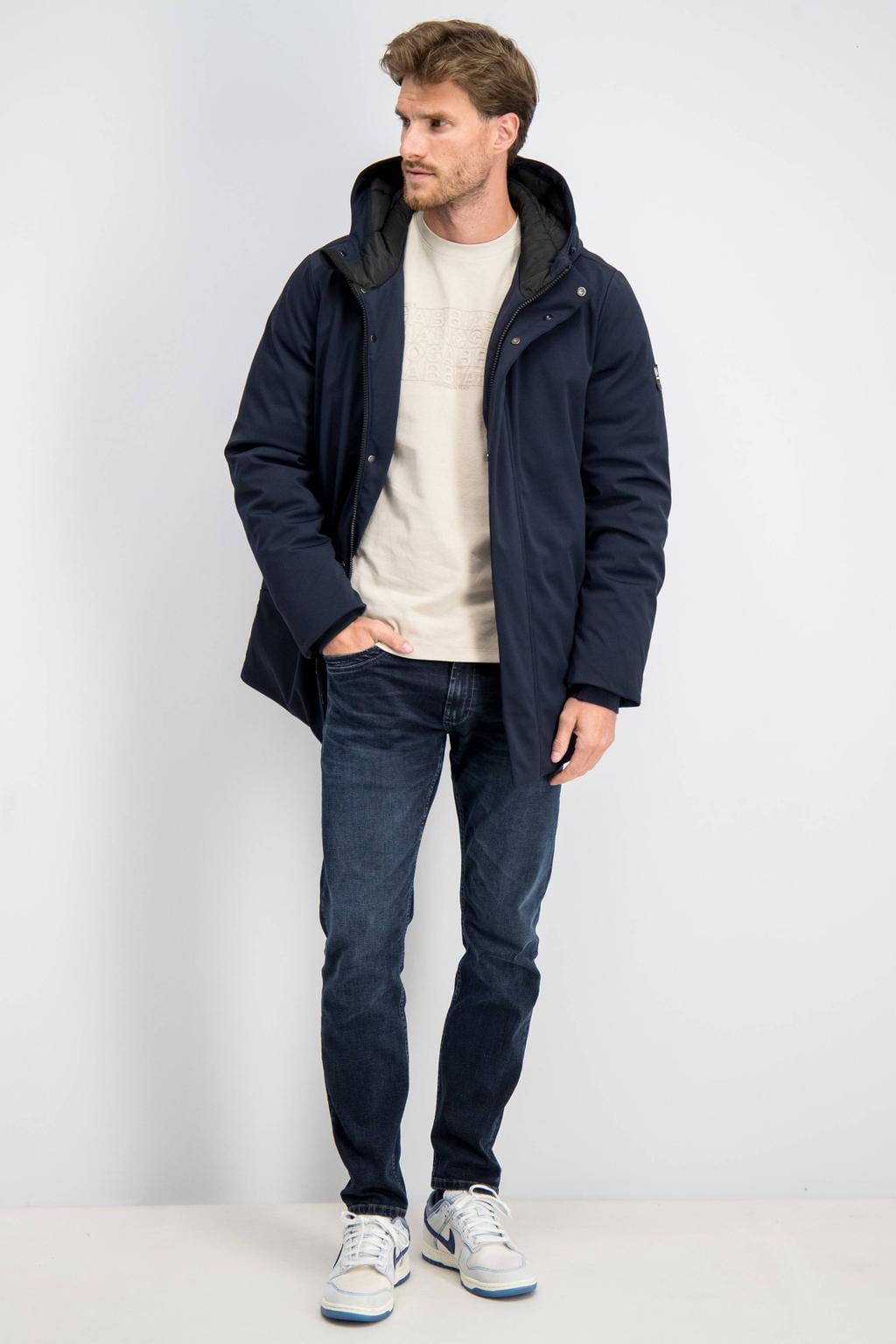 Donkerblauwe heren GABBIANO winterjas van nylon met effen, capuchon en rits- en knoopsluiting