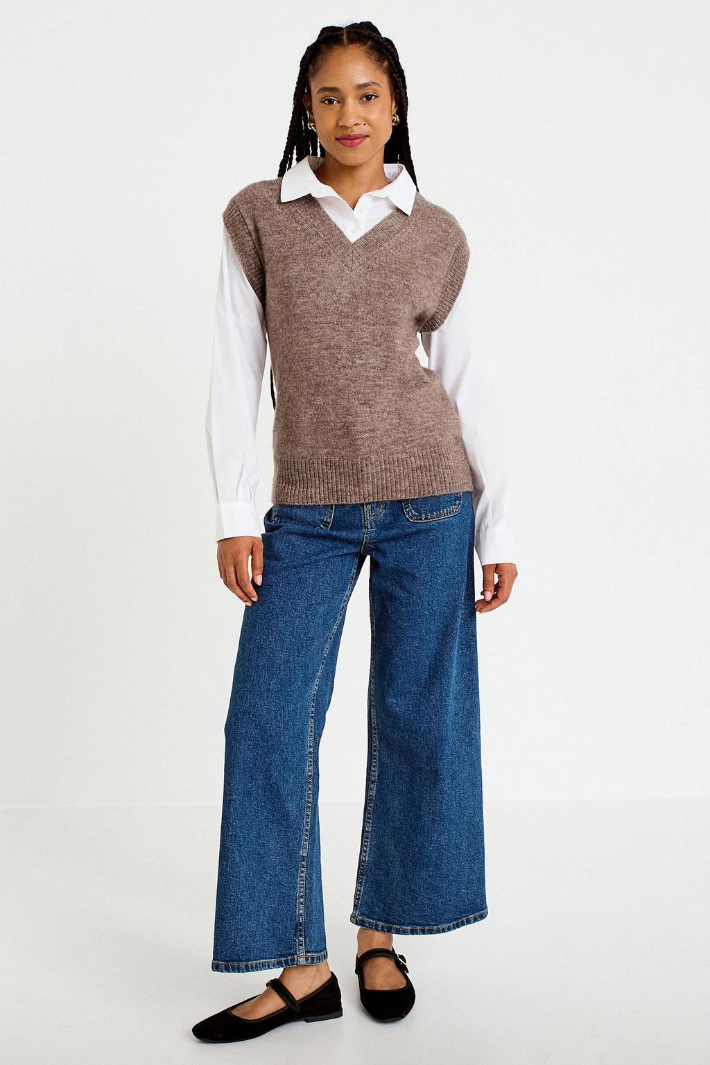 Taupe en witte dames Cache Cache spencer van acryl met effen, lange mouwen, V-hals, knoopsluiting en geribde boorden