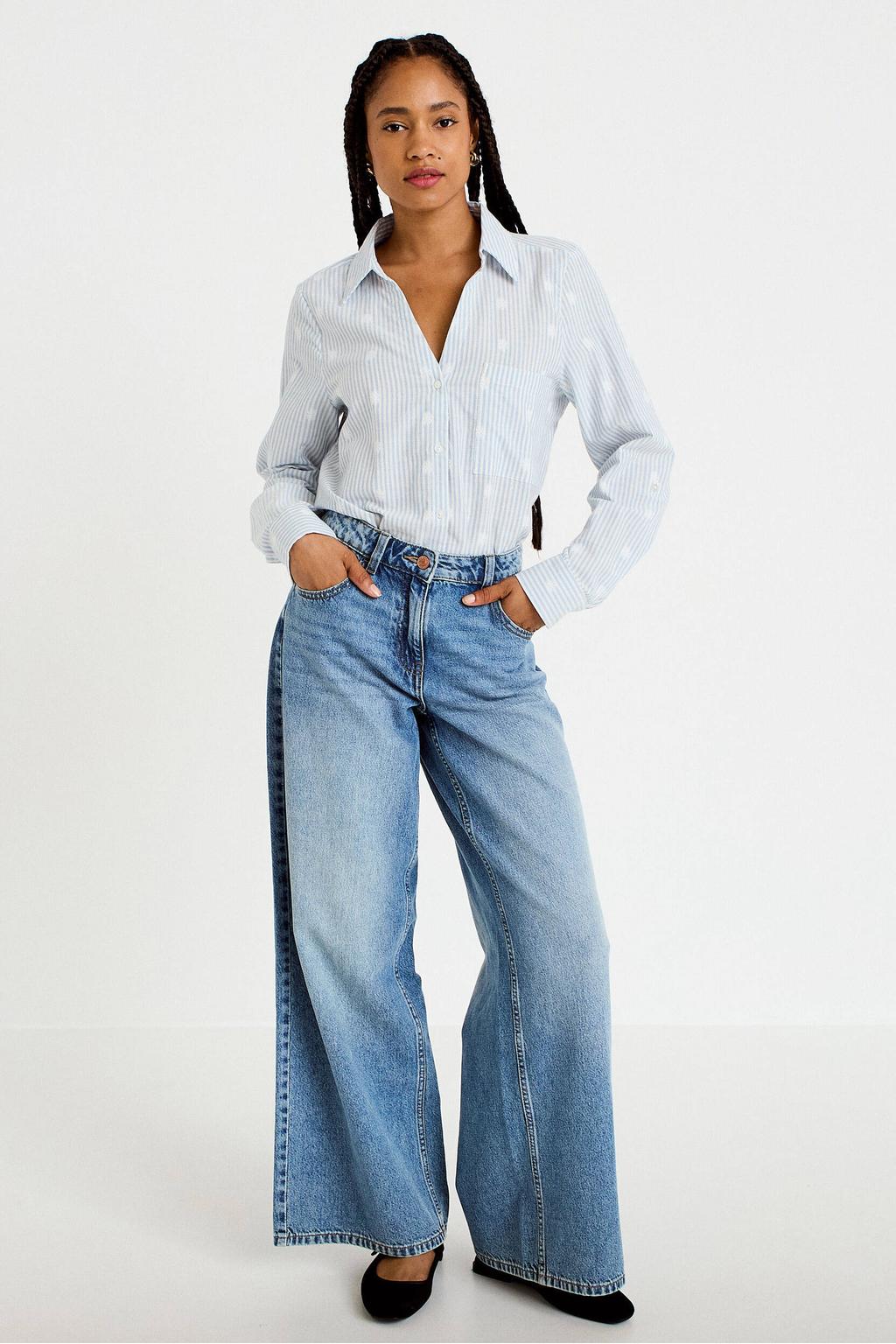 Lichtblauw en witte dames Cache Cache gestreepte blouse van katoen met lange mouwen, polo kraag en knoopsluiting