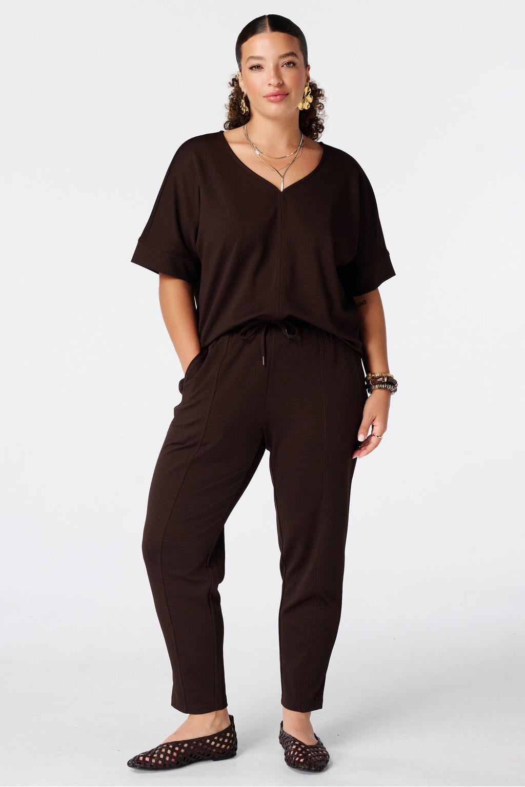 Bruine dames MS Mode top Plus Size van polyester met effen en korte mouwen