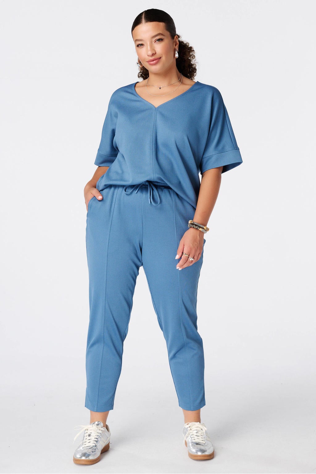 Blauwe dames MS Mode top Plus Size van polyester met effen en korte mouwen