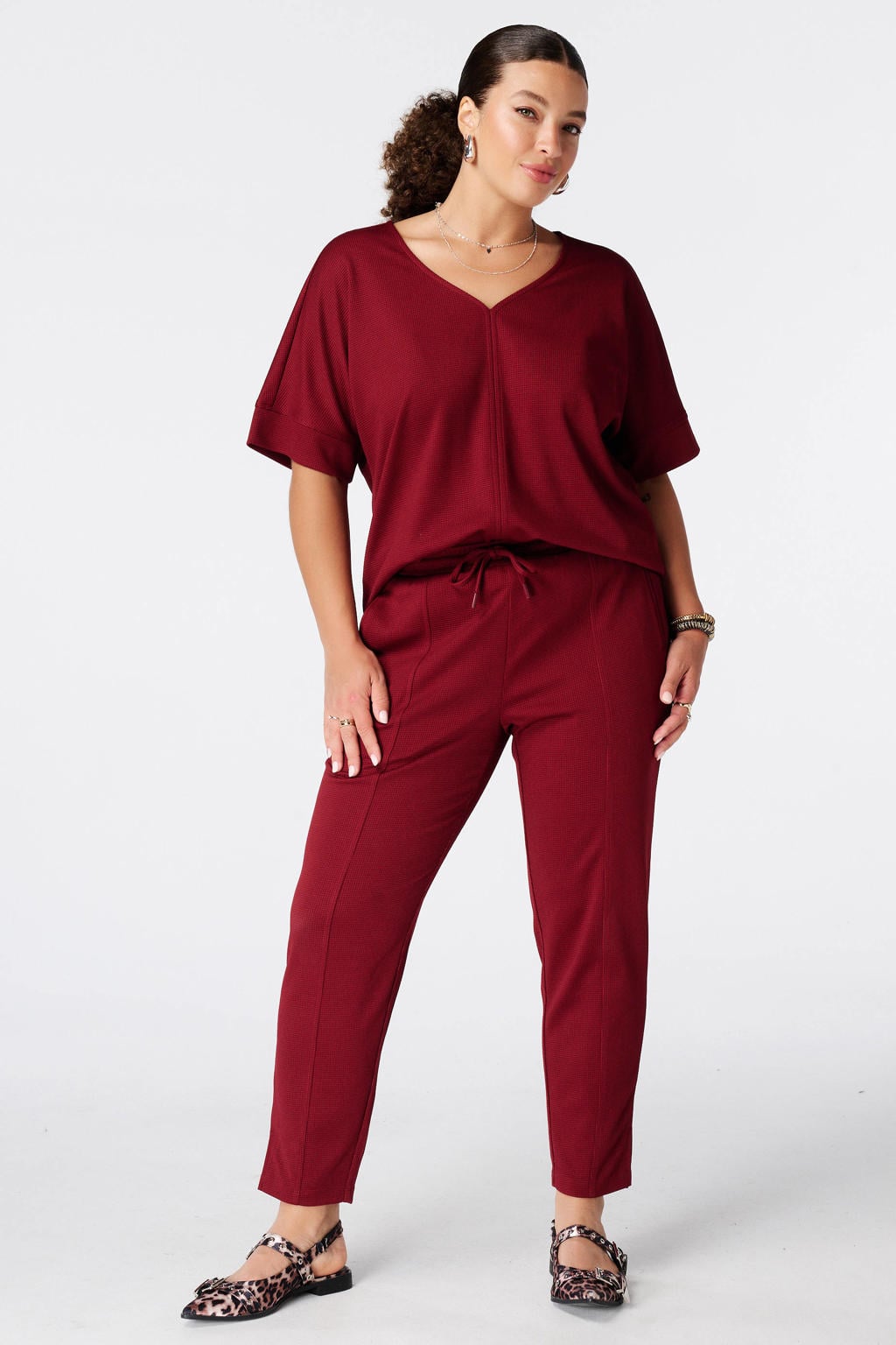 Donkerrode dames MS Mode top Plus Size van polyester met effen en korte mouwen