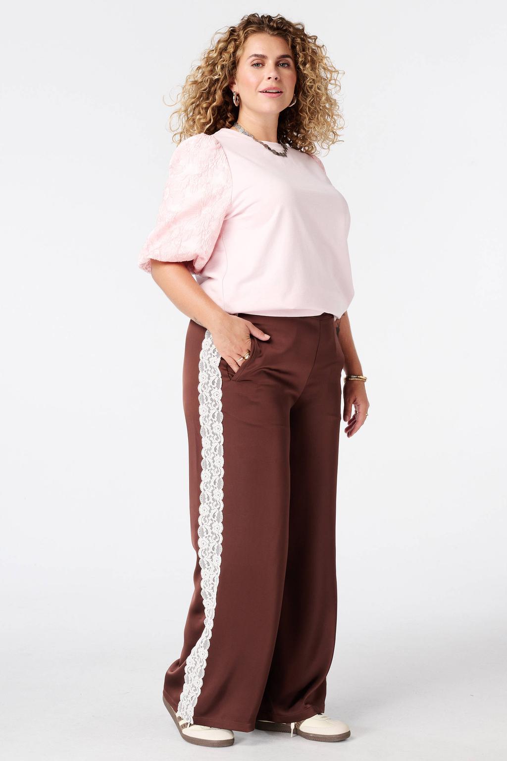 Lichtroze dames MS Mode jacquard top Plus Size met effen en korte mouwen