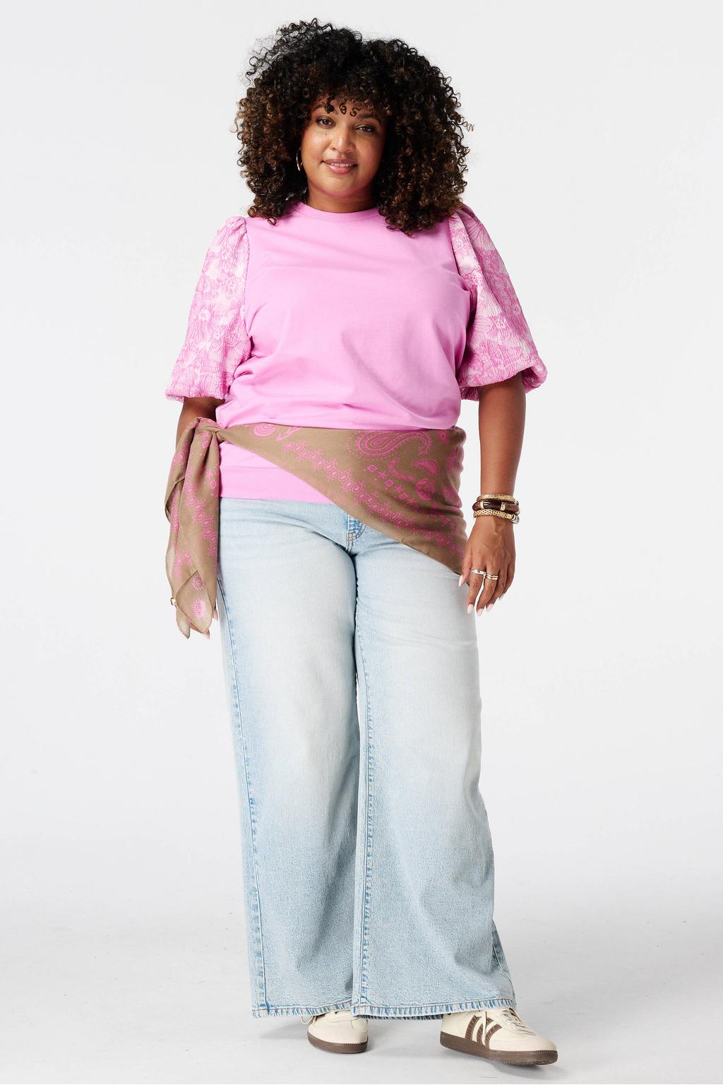 Roze dames MS Mode gebloemde jacquard top Plus Size met korte mouwen