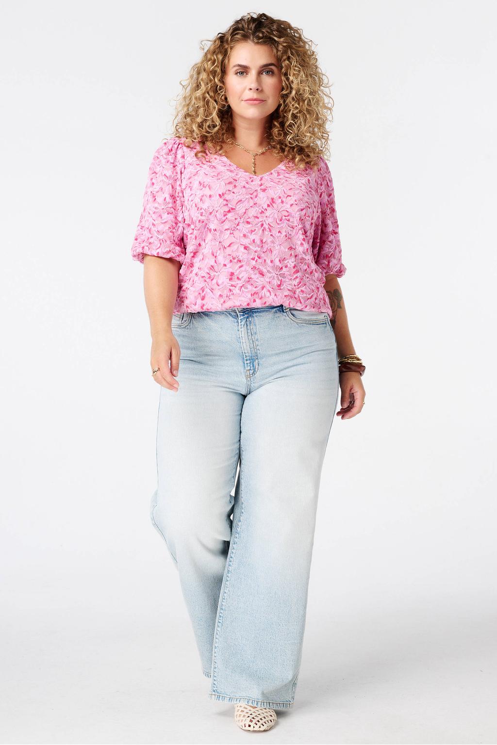 Roze dames MS Mode kanten top Plus Size met korte mouwen en klassieke kraag