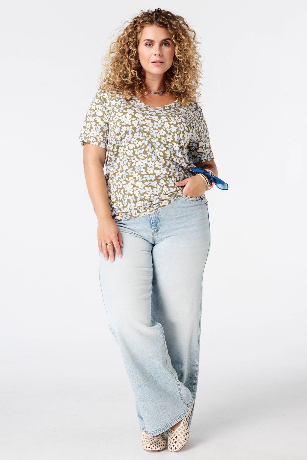 Kaki, blauw en ecru dames MS Mode top Plus Size van viscose met korte mouwen