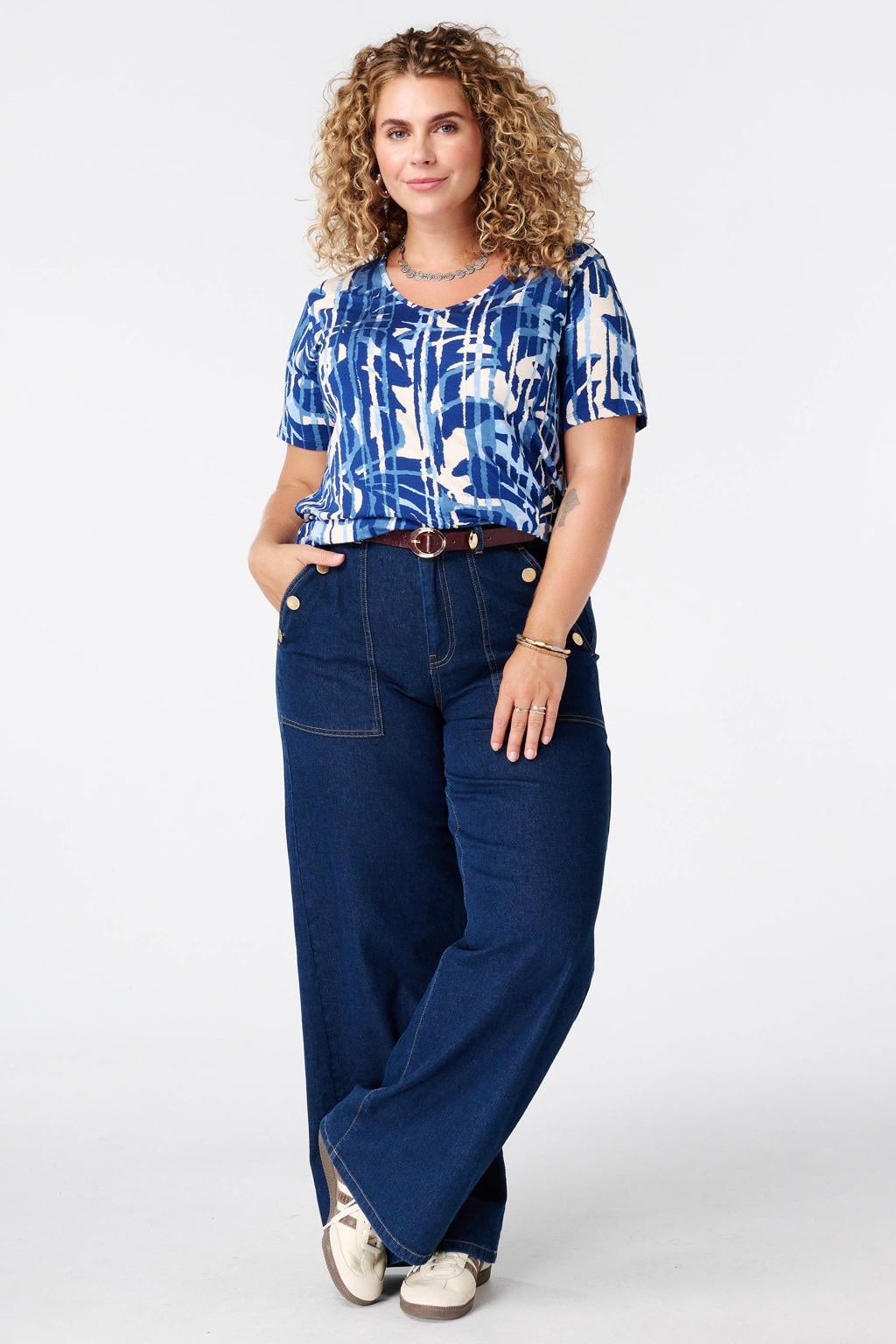Blauw en ecru dames MS Mode top Plus Size van viscose met korte mouwen
