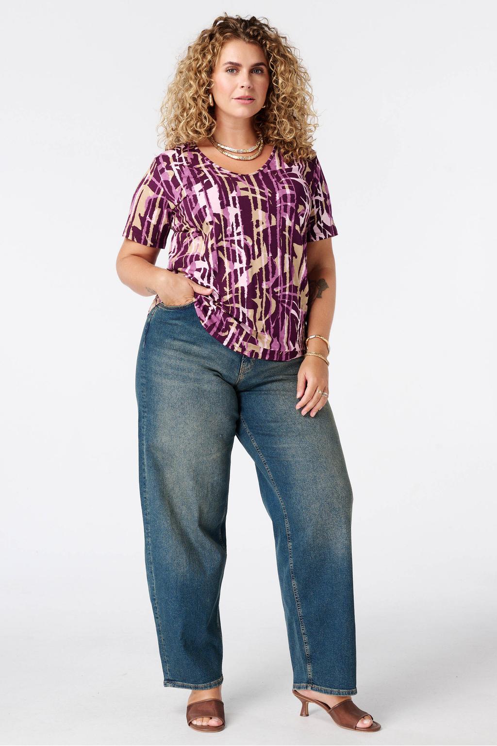 Paars, beige en ecru dames MS Mode Plus Size top van viscose met korte mouwen