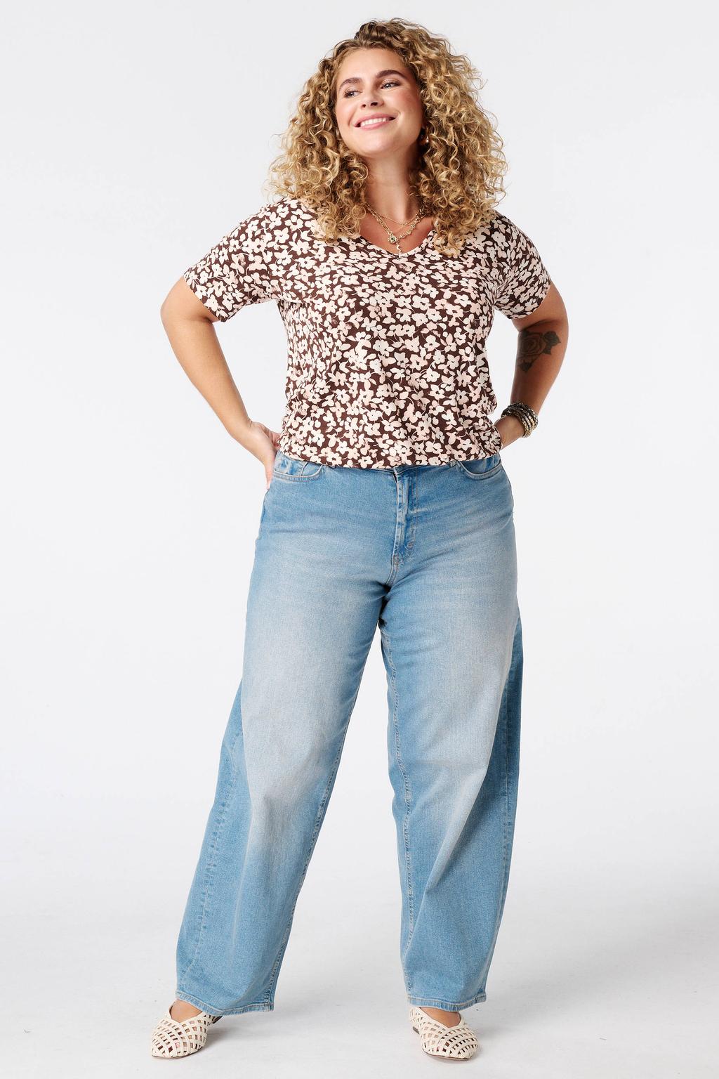 Bruin en ecru dames MS Mode gebloemde top Plus Size van viscose met korte mouwen