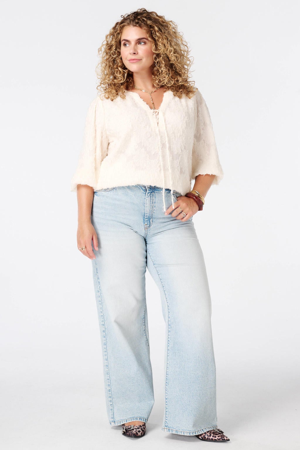 Ecru dames MS Mode top Plus Size van polyester met effen en lange mouwen