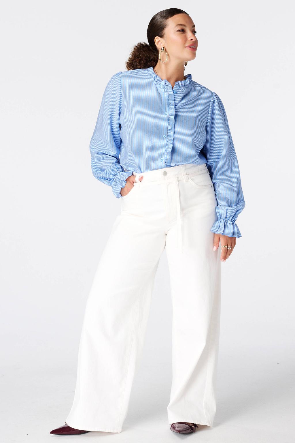 Lichtblauw en ecru dames MS Mode blouse Plus Size van viscose met krijtstreepprint, lange mouwen, opstaande kraag en knoopsluiting