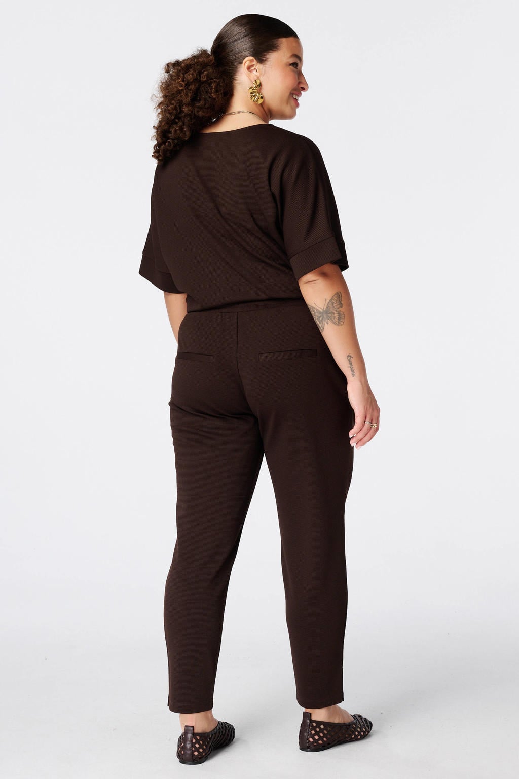 Bruine dames MS Mode straight leg broek Plus Size met elastische tailleband met koord en effen