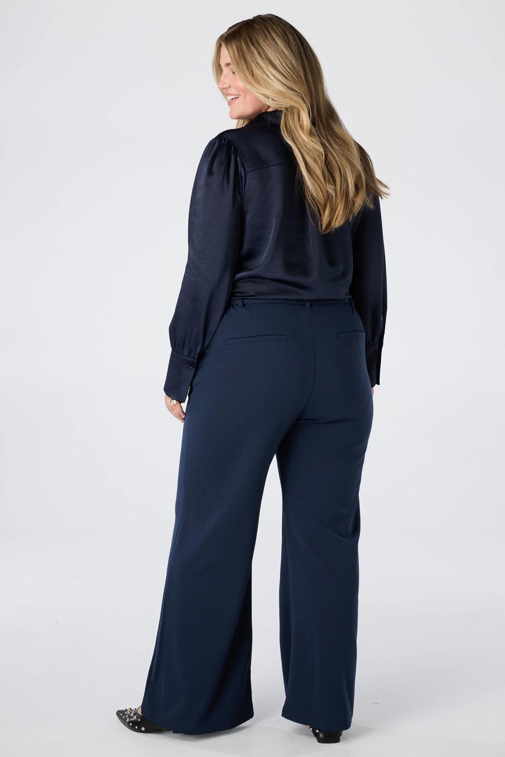 MS Mode flared broek met ceintuur Plus Size - donkerblauw
