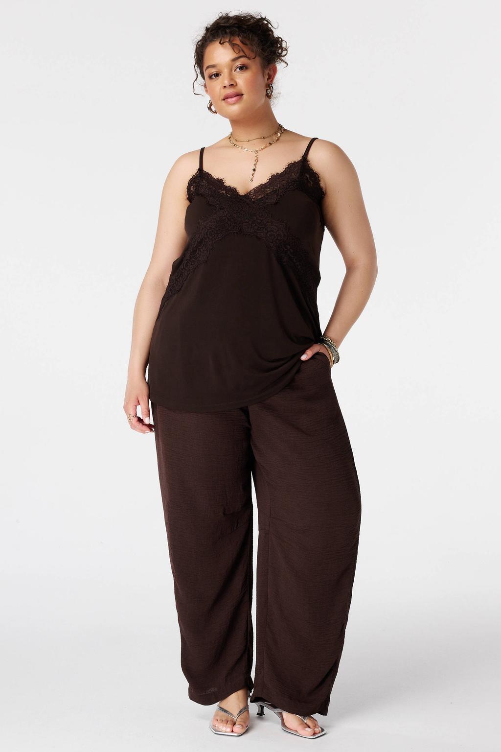 Bruine dames MS Mode top Plus Size van polyester met effen en kant