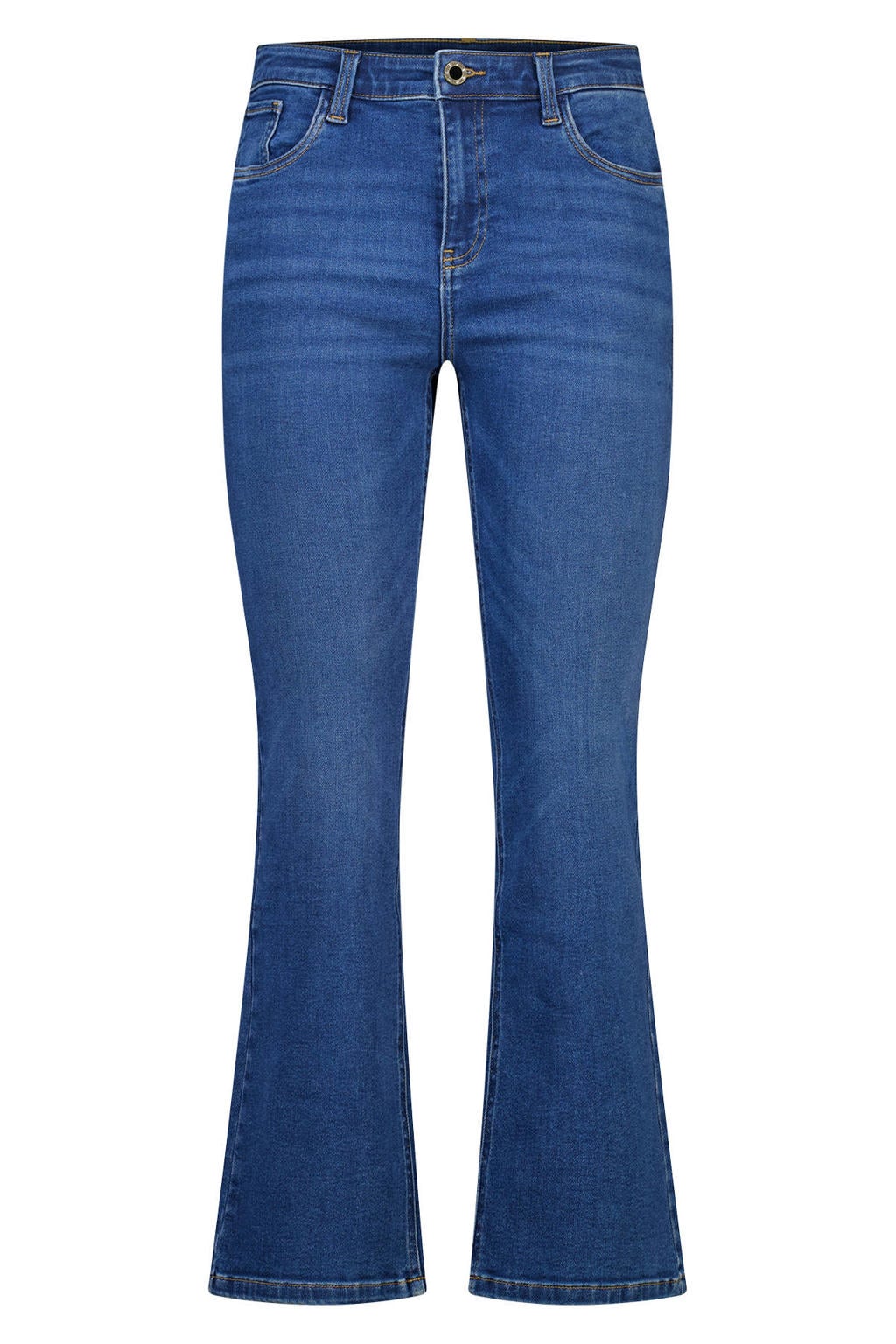 Dark blue denim dames MS Mode flared jeans dark blue van denim met rits- en knoopsluiting en effen