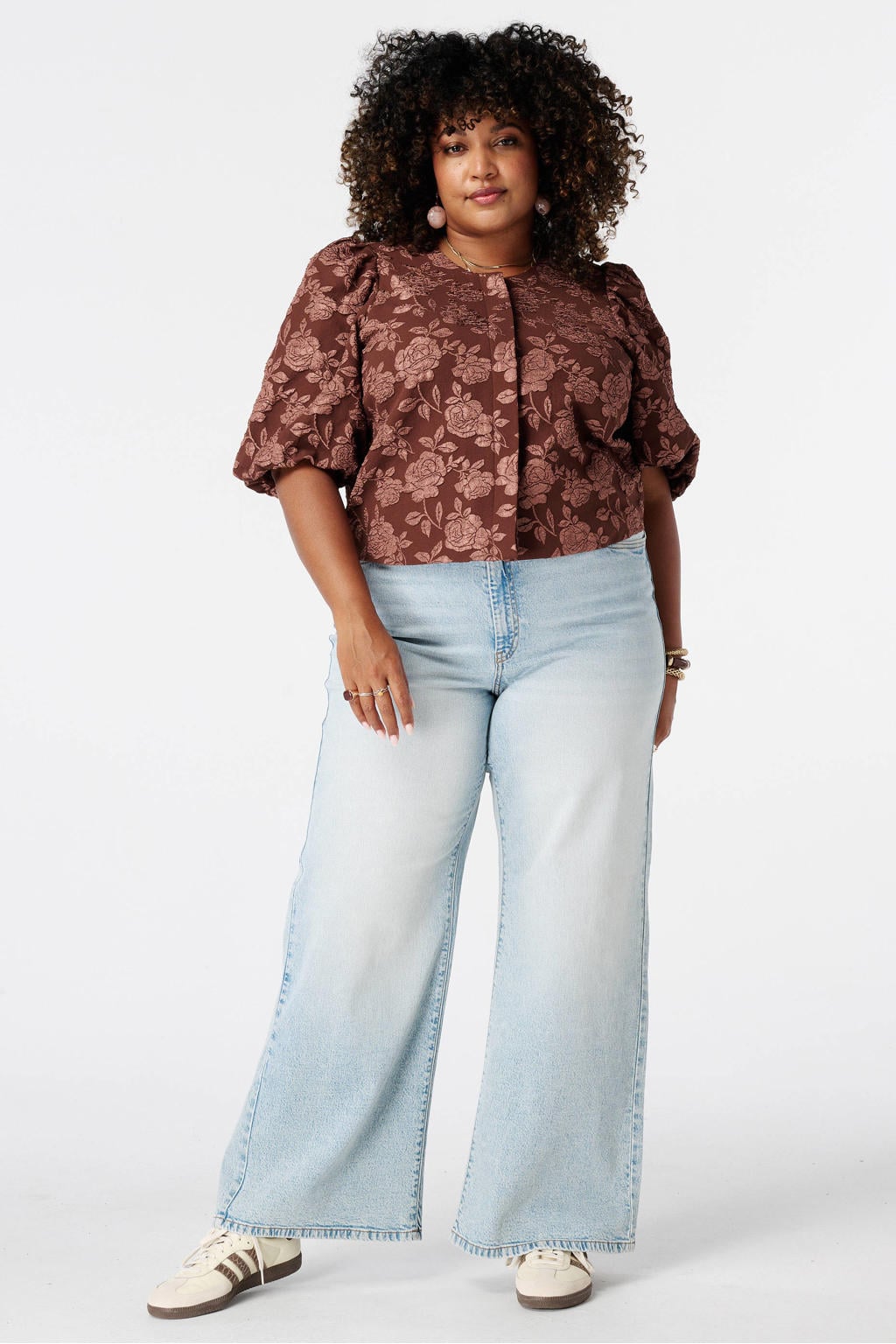 Bruine dames MS Mode gebloemde jacquard jas Plus Size van polyester met lange mouwen en knoopsluiting