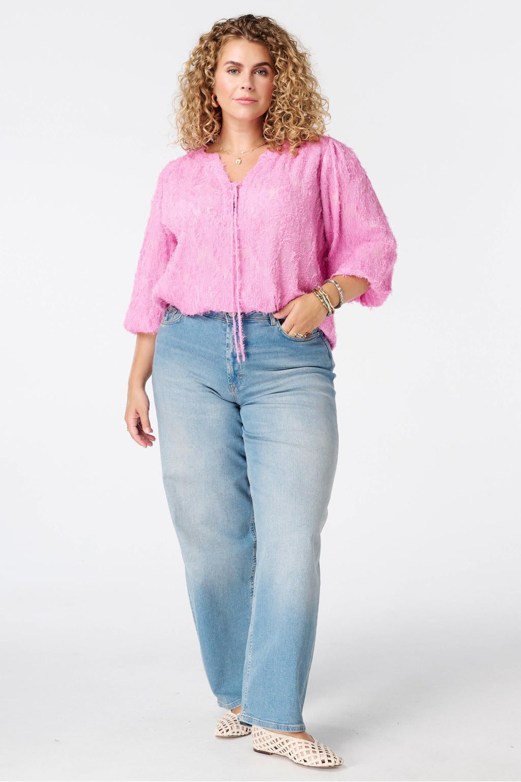 Roze dames MS Mode top Plus Size van polyester met effen en lange mouwen