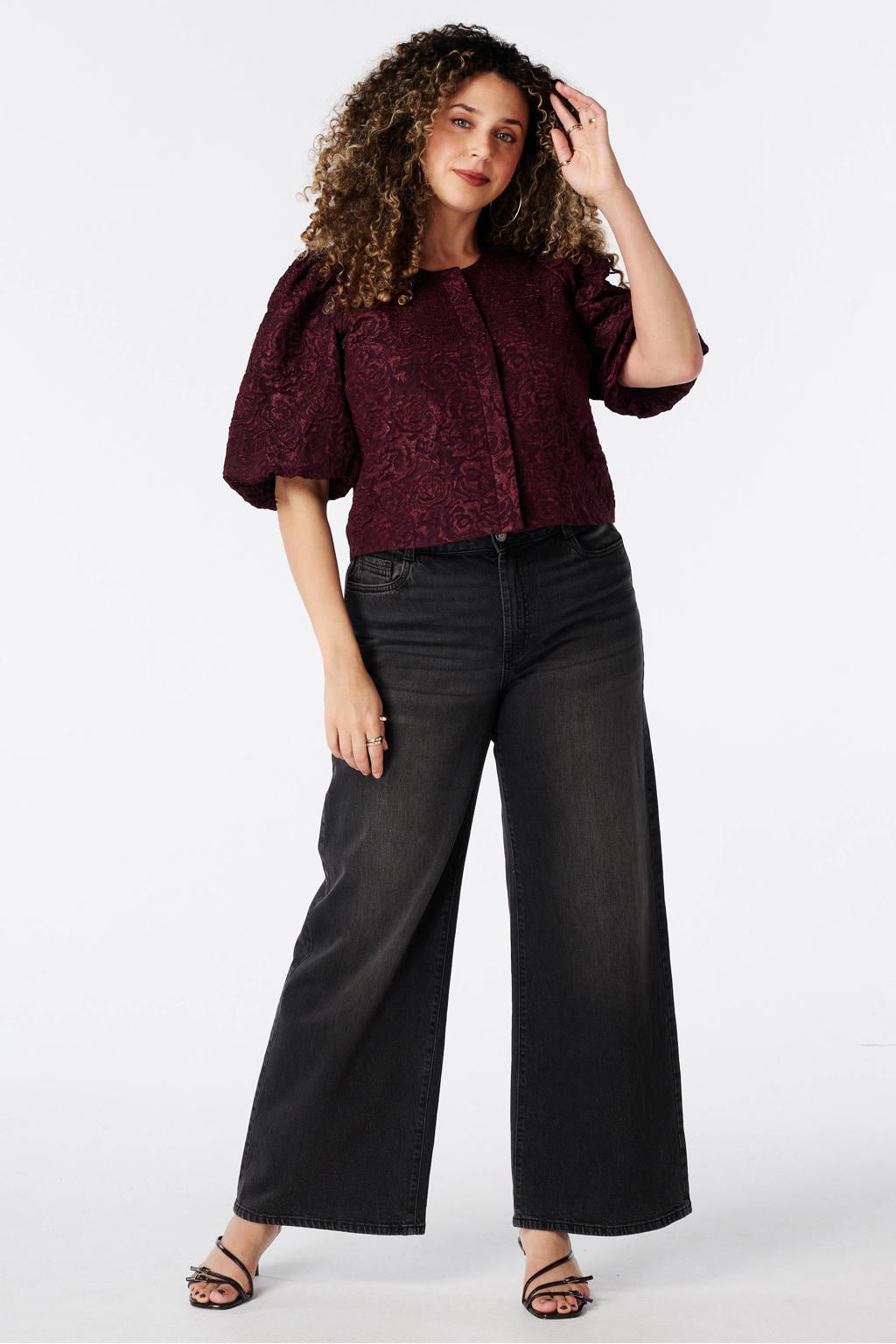 MS Mode jacquard gebloemde jas Plus Size - donkerrood