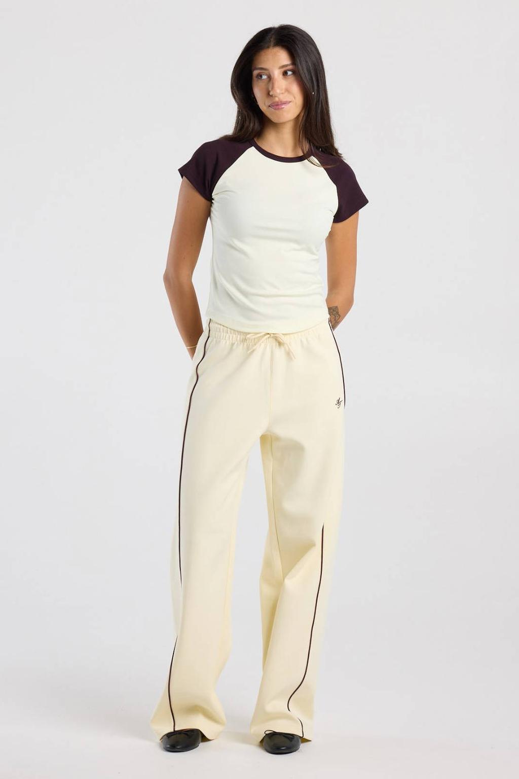 Ecru dames America Today wide leg broek van katoen met elastische tailleband met koord en effen