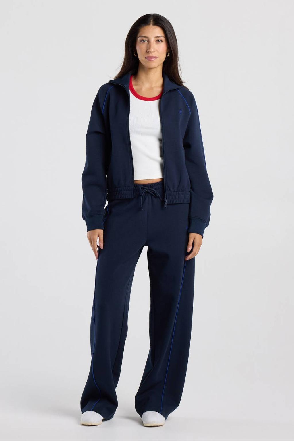 Donkerblauwe dames America Today wide leg broek van katoen met elastische tailleband met koord en effen