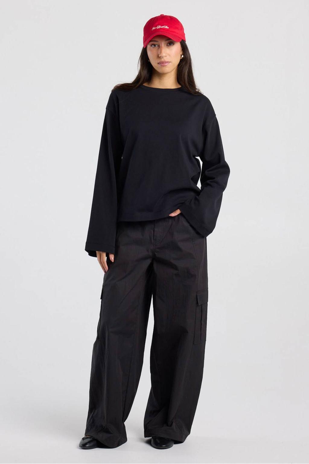 Zwarte dames America Today wide leg cargobroek van katoen met rits- en knoopsluiting en effen