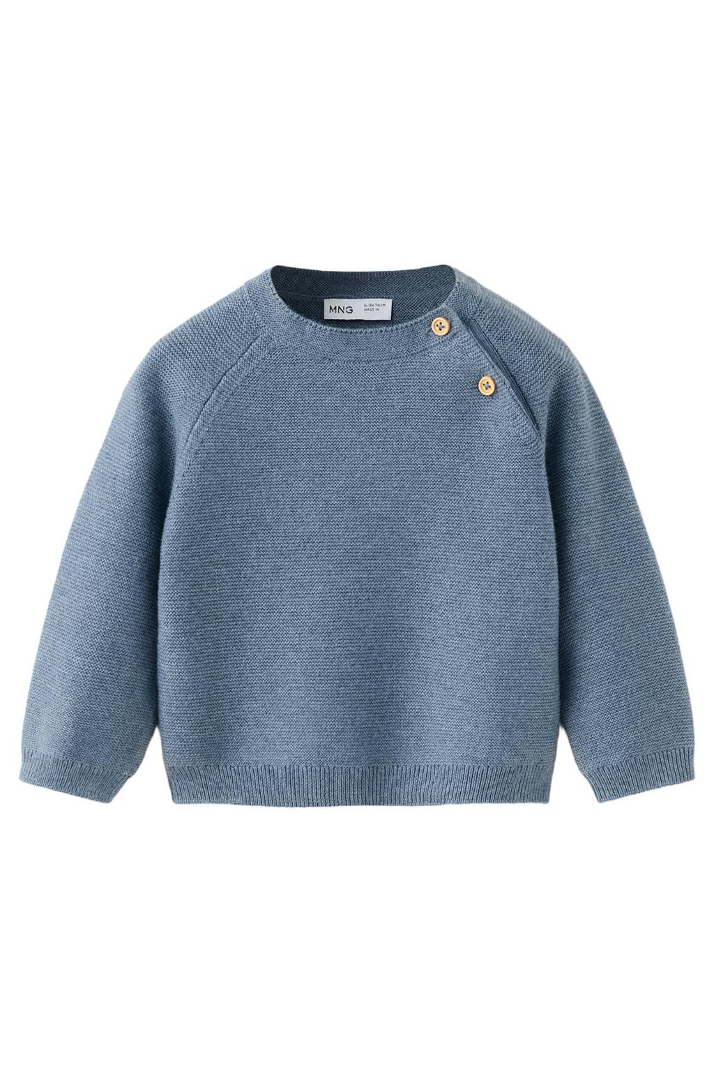 Blauwe jongens Mango Kids gebreide trui van katoen met effen, lange mouwen, ronde hals en knoopsluiting