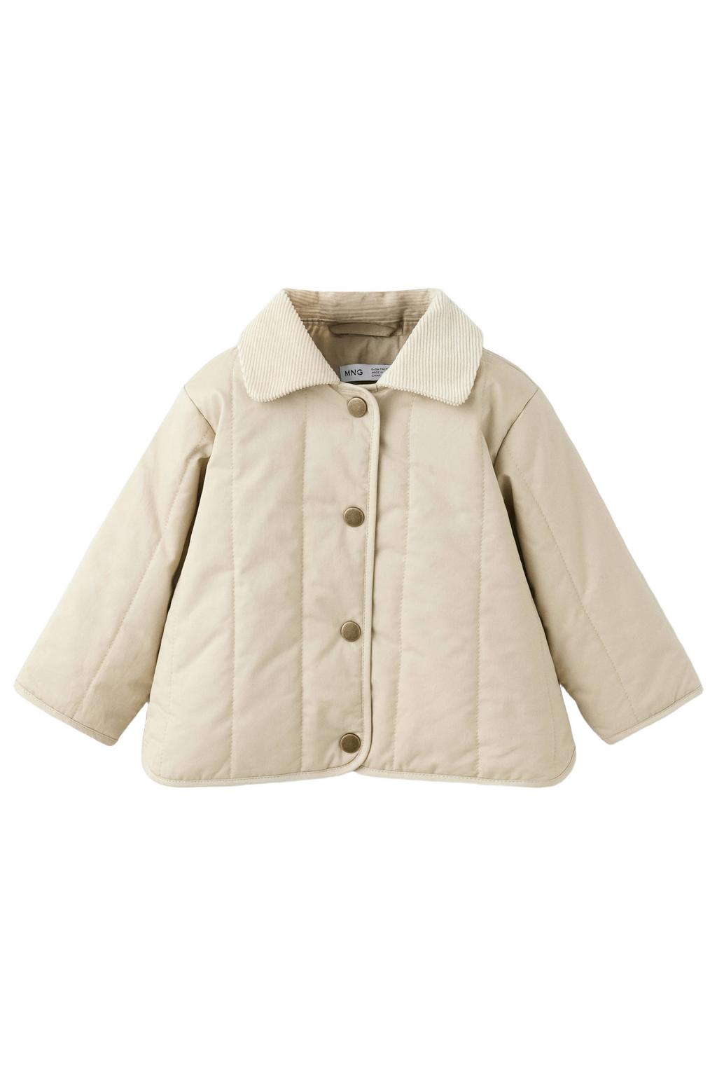 Beige jongens Mango Kids katoenen gewatteerde jas met lange mouwen, opstaande kraag en drukknoopsluiting