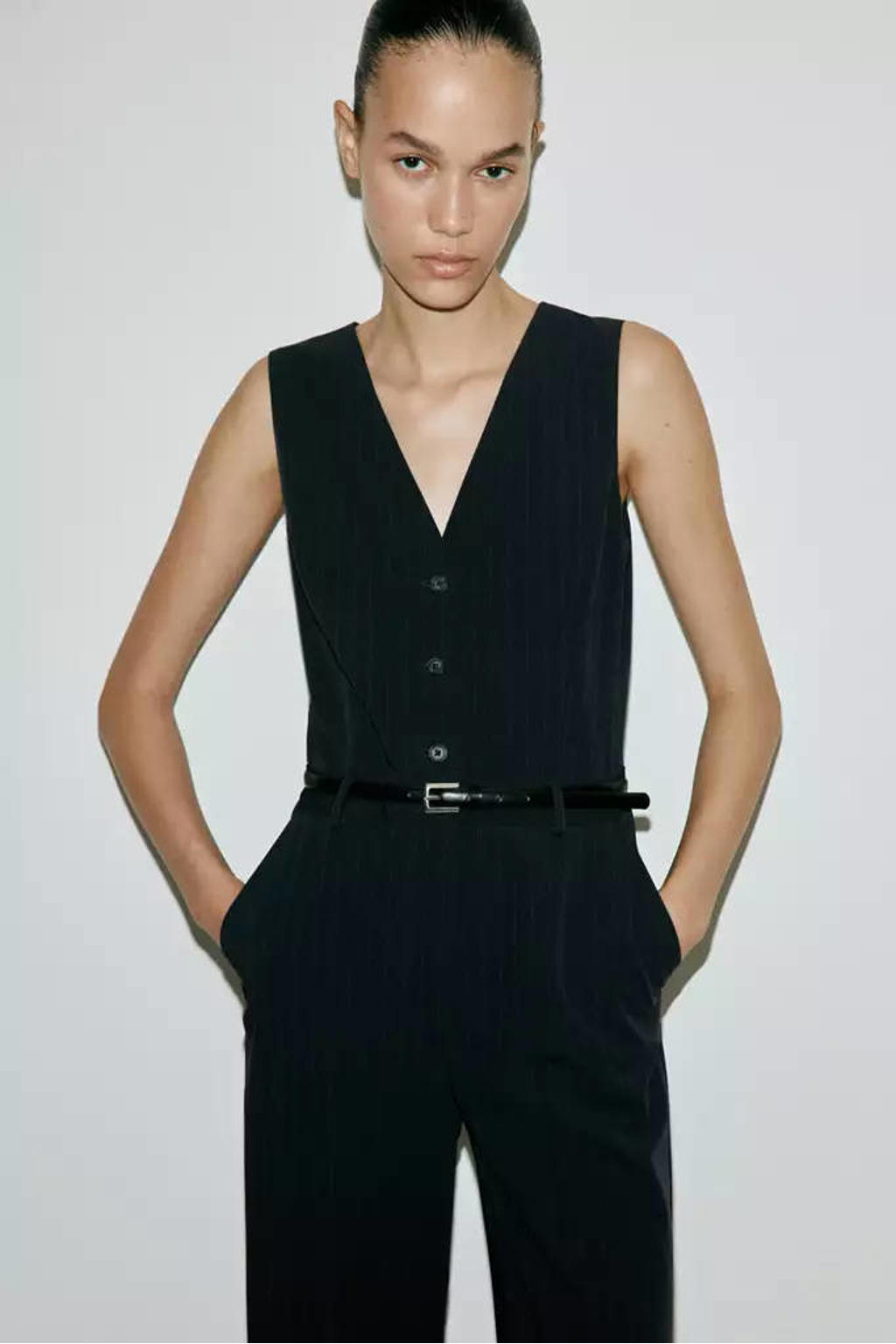 Mango jumpsuit met krijtstreep en ceintuur - marineblauw