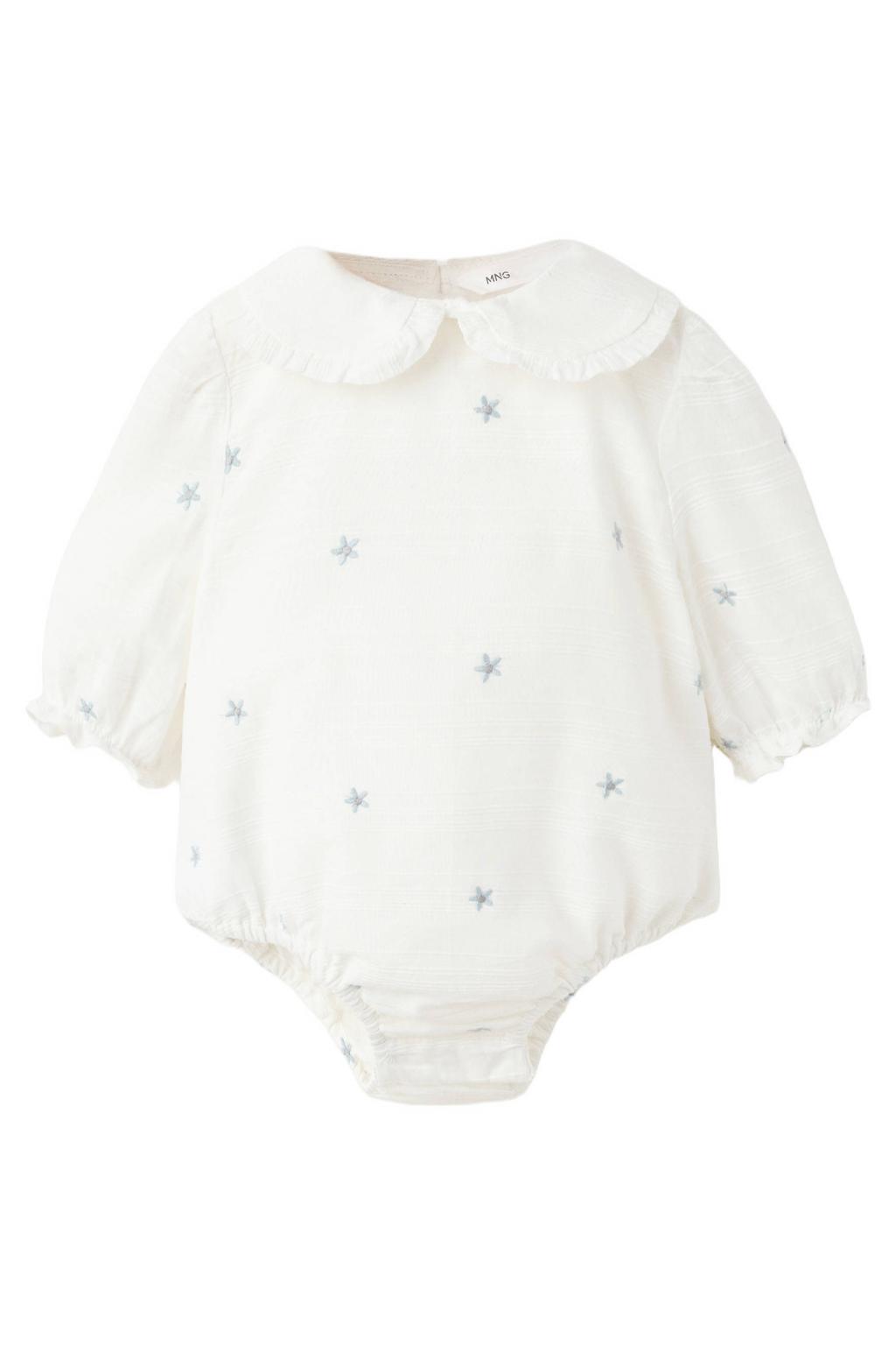 Mango Kids katoenen romper met borduursels en sterren - ecru/lichtblauw