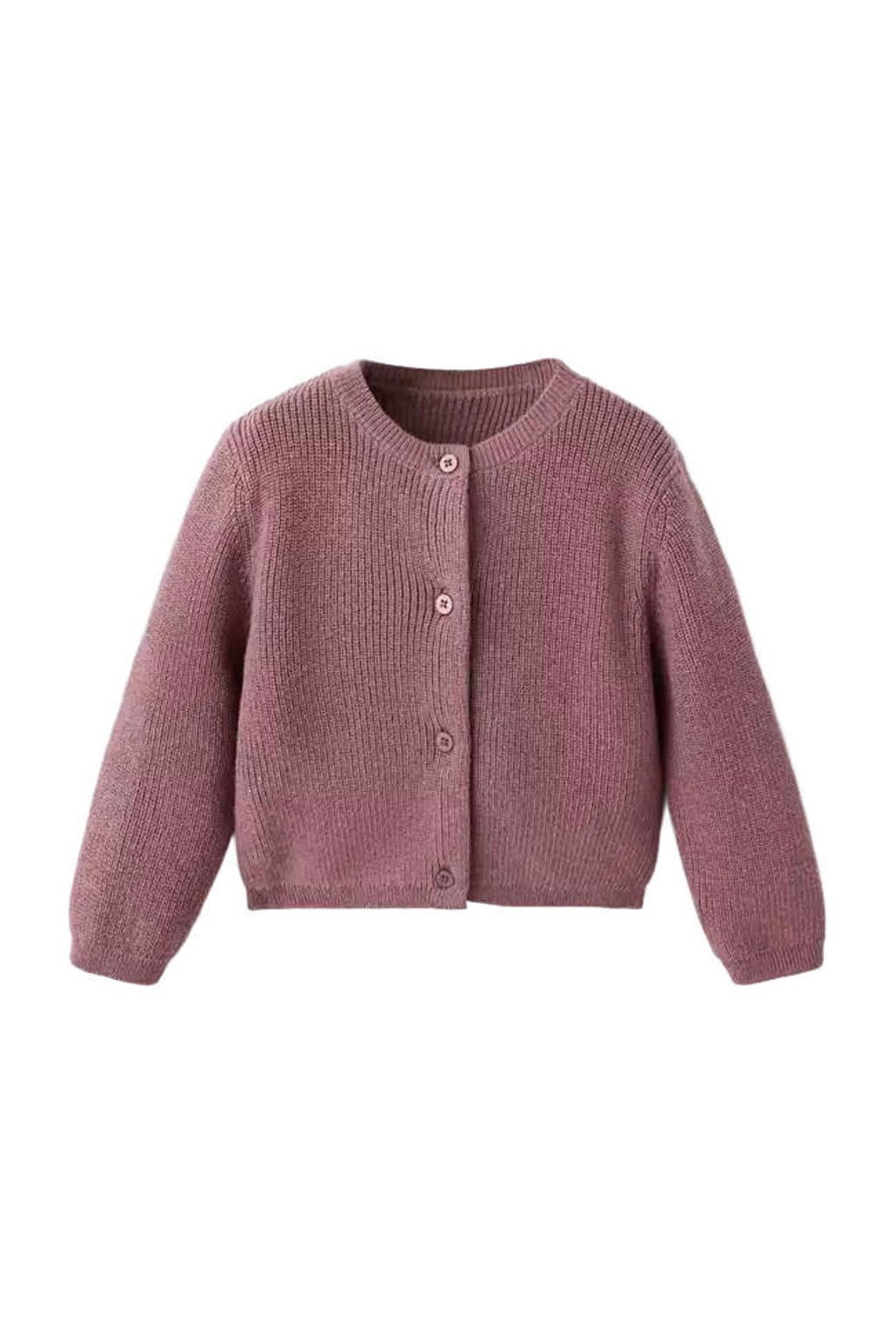 Oudroze meisjes Mango Kids gebreide vest van katoen met effen, lange mouwen, ronde hals en knoopsluiting