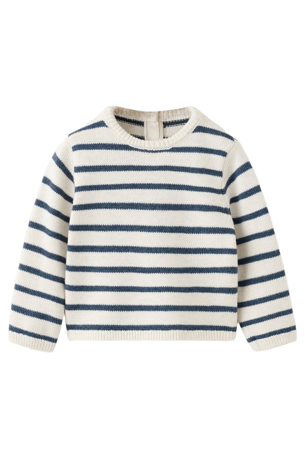 Ecru en donkerblauwe jongens Mango Kids gebreide gestreepte trui van katoen met lange mouwen, ronde hals en knoopsluiting