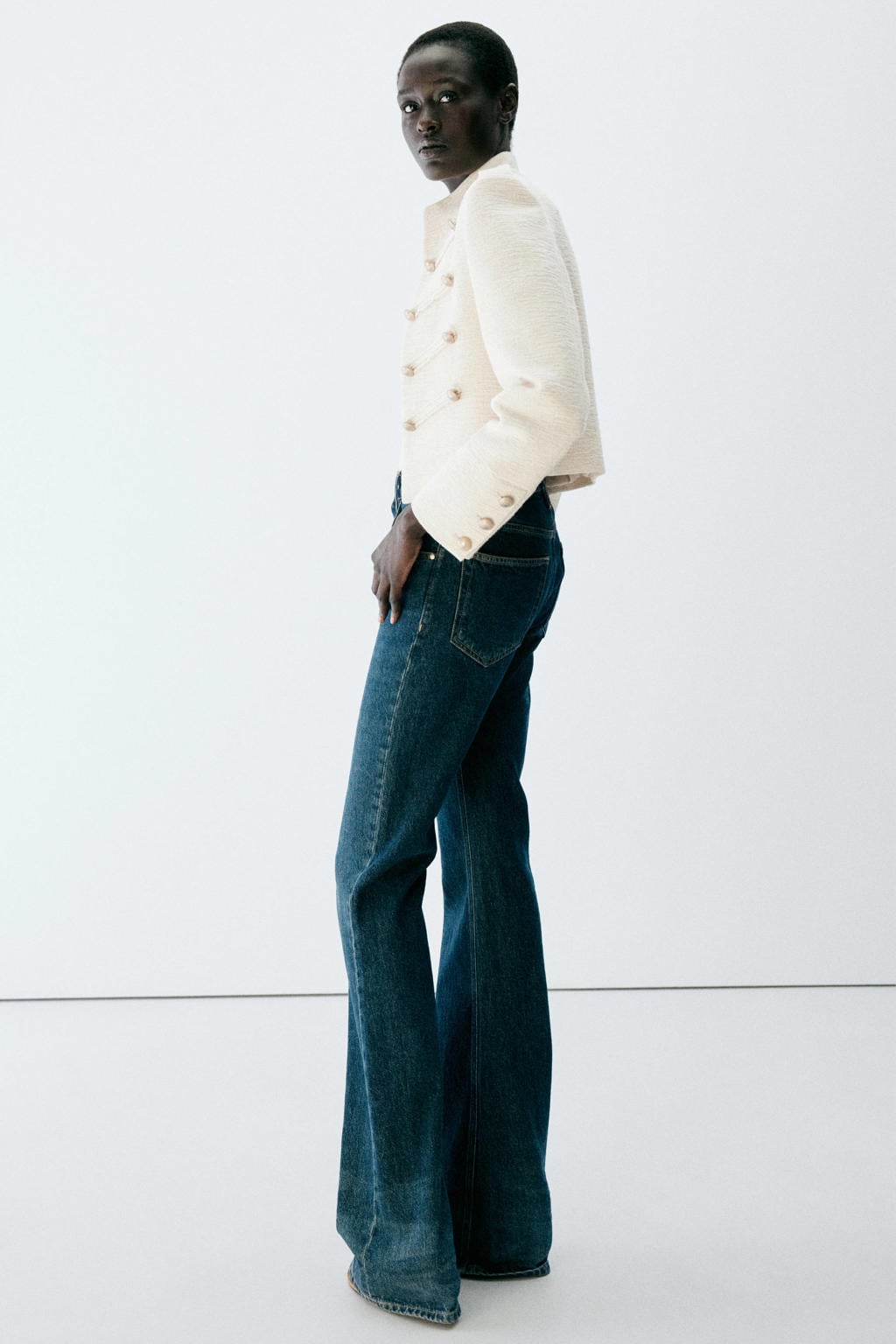 Ecru dames Mango katoenen napoleon jas met lange mouwen, opstaande kraag en knoopdetail