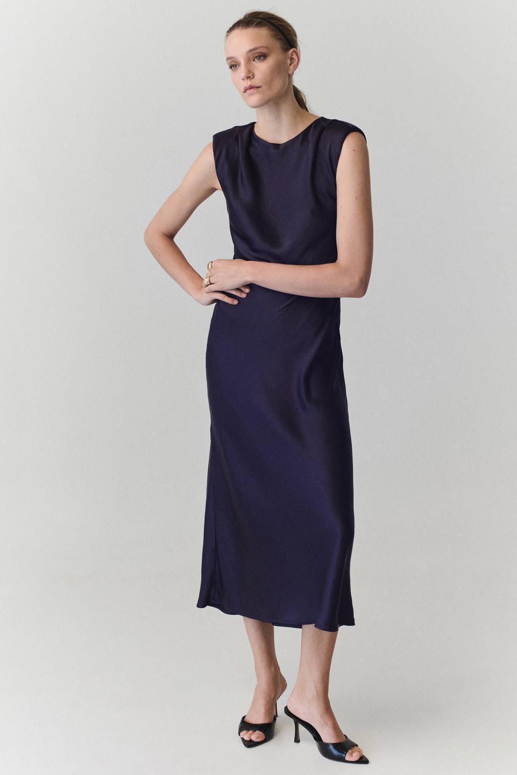 Donkerpaarse dames Mango midi galajurk van polyester met effen, ronde hals en ritssluiting