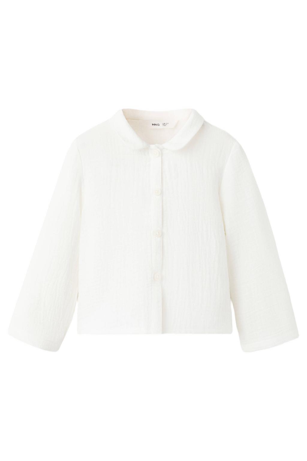Witte meisjes Mango Kids blouse van katoen met effen, lange mouwen, klassieke kraag, knoopsluiting en textuur