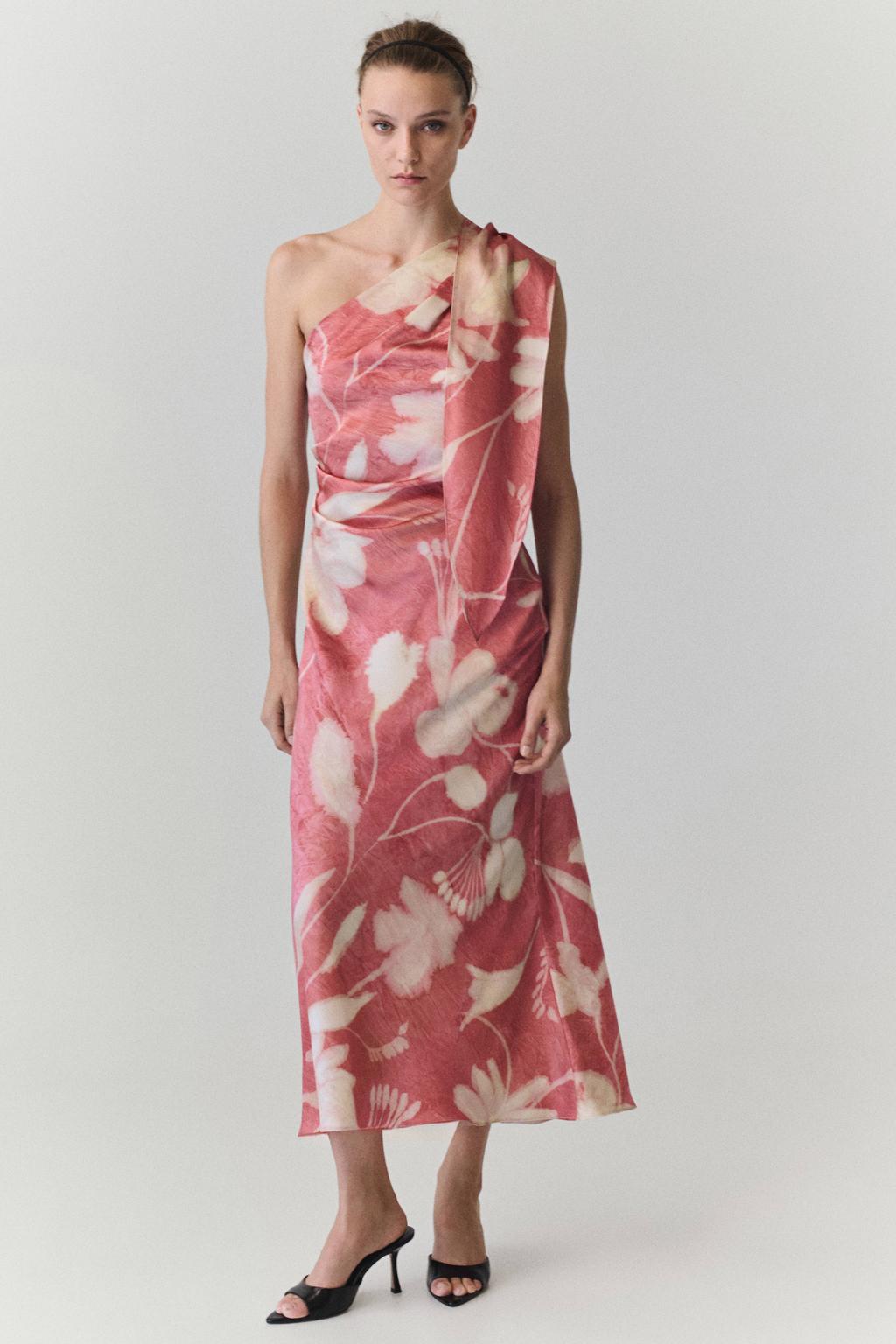 Roze en ecru dames Mango gebloemde midi jurk- van polyester met halterkraag en ritssluiting