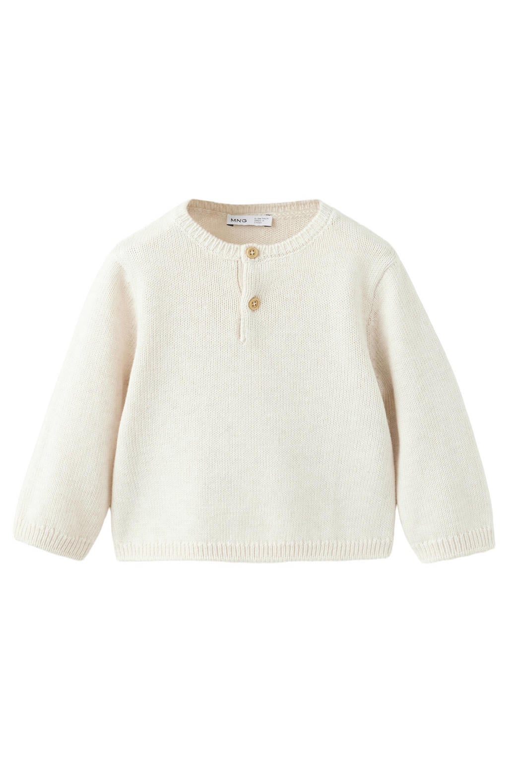 Beige jongens Mango Kids gebreide trui van katoen met effen, lange mouwen, ronde hals en knoopsluiting