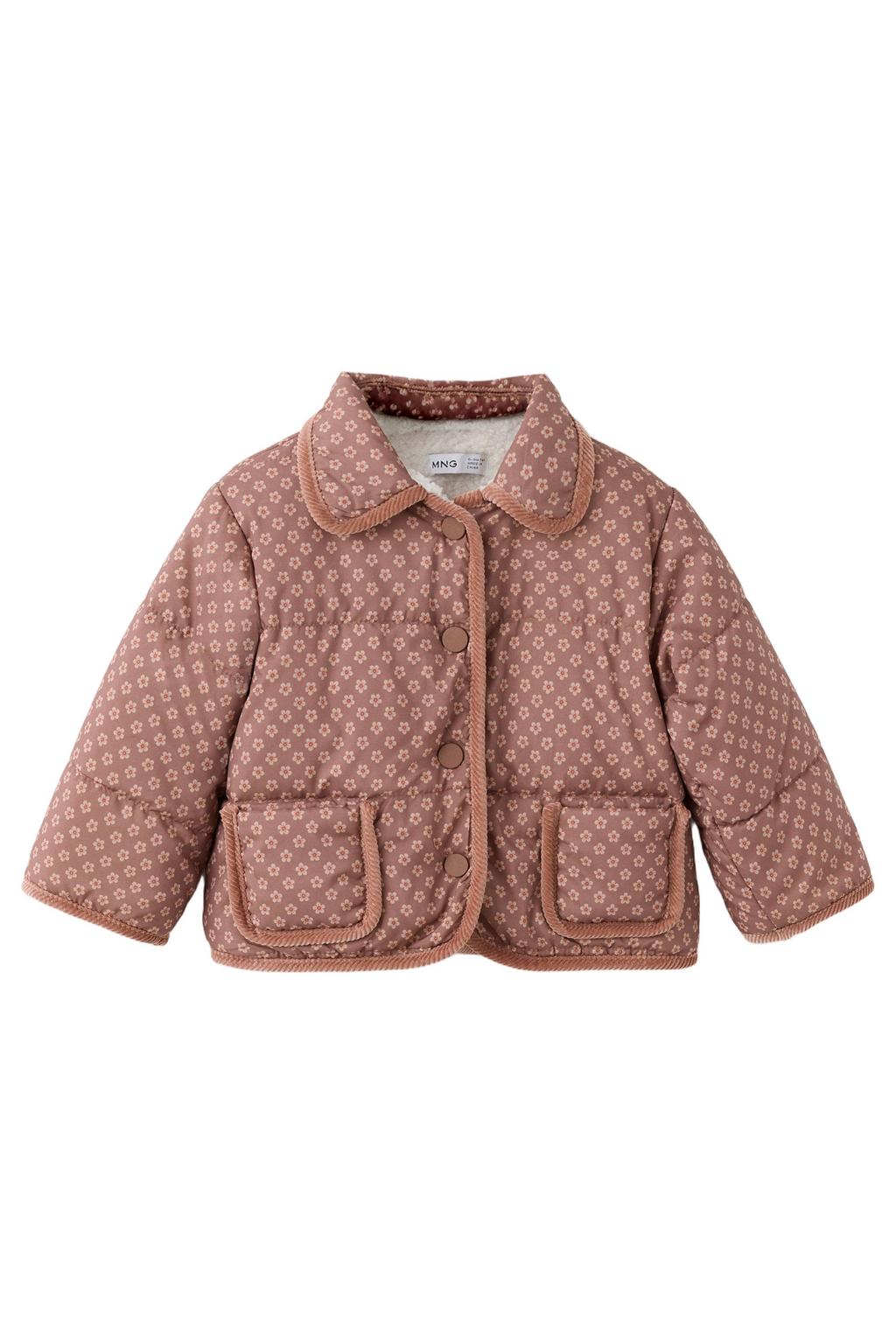 Roze meisjes Mango Kids gebloemde gewatteerde jas van polyester met lange mouwen en drukknoopsluiting