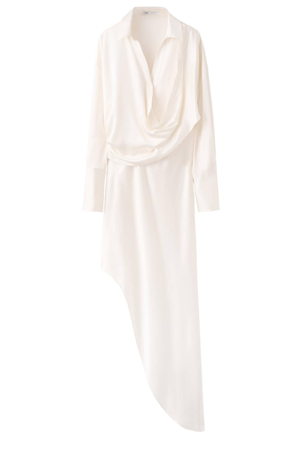 Ecru dames Mango midi jurk van viscose met effen, lange mouwen en klassieke kraag