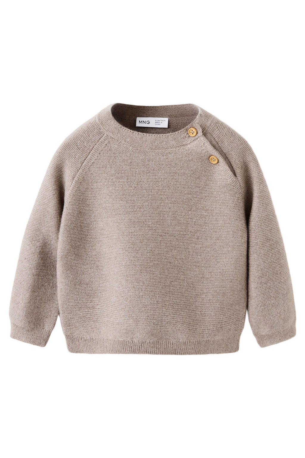 Taupe jongens Mango Kids gebreide trui van katoen met effen, lange mouwen, ronde hals en knoopsluiting